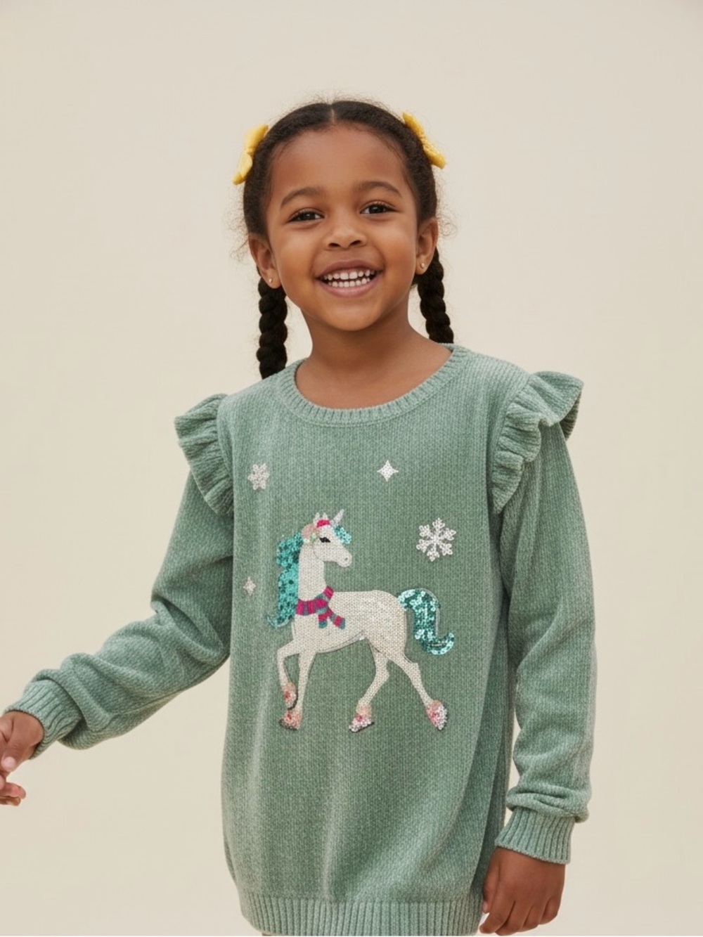 Zunie Sage Green Unicorn Sequin Ruffle Shoulder Sweater
